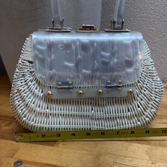 Vtg 50s 60s White Wicker Box Purse Marbled Lucite Lid NSB Japan + Spare Handle - Picture 8 of 10